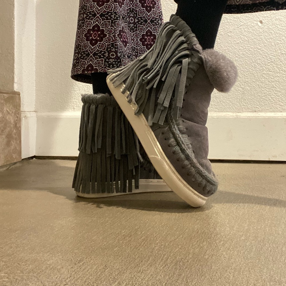 Mou Gray Fringe Ankle Boots with Pom Pom